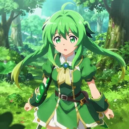 anime key visual of a girl with a green outfit green hair and green eyes fascinated by a green paradise ; official media ; 4 k hd ; high quality ; in the rising of the shield hero ( 2 0 1 9 ), apex legends,