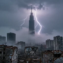 a destroyed city with a big tower in the middle covered in mist, lightning bolts hitting the buildings, by michal karcz