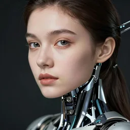 close - up portrait of beautiful young woman with cybernetic body.