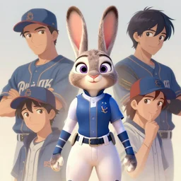 beautiful portrait of a female anthropomorphic rabbit fursona wearing a baseball uniform. character design by disney, charlie bowater, ross tran, artgerm, and makoto shinkai, detailed, soft lighting, rendered in octane