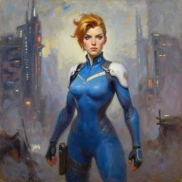oil painting of tracer overwatch in a dystopian city wearing blue uniform, in style of ivan aivazovsky, expressive face, detailed face, detailed eyes, full body, feminine face, tracer overwatch,