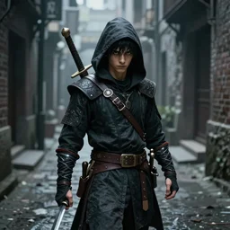 A young boy wearing thief clothes with daggers in an alleyway, epic fantasy, octane render, high detail, photorealistic, High details,4k