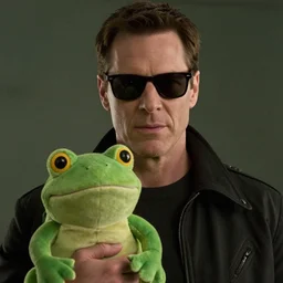 film still of agent smith holding a pepo frog plush toy in the new matrix movie, 8 k, highly detailed face, dark glasses