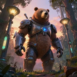 giant bear cyborg, solarpunk, organic bioluminescent street lights, forest canopy understory, cinematic lighting, sunset, octane render, 3 d pixar disney digital cgi rtx hdr painting, highly detailed, artstation cgsociety masterpiece, by syd mead, greg rutkowski, wlop, artger