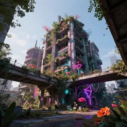 a beautiful detailed rendering of industrial architecture building nature urbex unfinished building abandoned architecture city overpass by zaha hadid, wilderness magic realism retrowave synthwave uv light flowers neon noir, archdaily, wallpaper, highly detailed, trending on artstation.