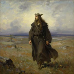 strange druid wandering the wastelands, epic fantasy, cinematic, mikalojus konstantinas ciurlionis