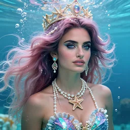 “ penelope cruz portrait, fantasy, mermaid, hyperrealistic, game character, underwater, highly detailed, sharp focus, cinematic lighting, pearls, glowing hair, shells, gills, crown, water, highlights, starfish, jewelry, realistic, digital art, pastel, magic, fiction, ocean, king, colorful hair, sparkly eyes, fish, heroic, goddess, waves, bubbles, queen ”