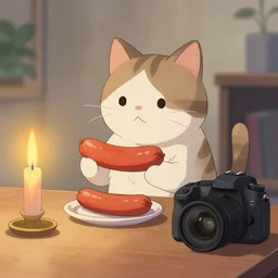 a cat with a sausage : : anime : : 1 candlelight : : 1 dslr : : 1 coquelicot color : : 1 dof