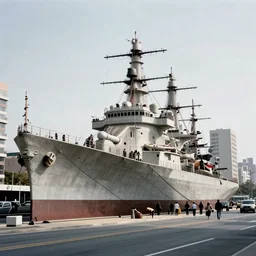 1 9 7 0 s photography, a giant battleship sailing in concrete on brutalist city main street
