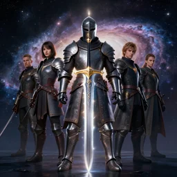 knight, great sword with ray in the middle of the galaxy, 4 k, realistic