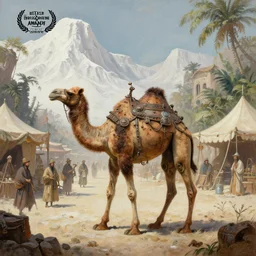 bipedal humanoid camel merchants in town square, tents, matte oil painting, retrofuturistic, concept art, quarrying, science fantasy, mutant, lgbt, rpg, epic, rusted, white salt, badlands, jungles, dungeons & dragons, sacred, sharp focus, award - winning, extremely detailed, 4 k, 8 k
