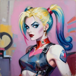 greg manchess portrait painting of harley queen as cyber overwatch character, medium shot, asymmetrical, profile picture, organic painting, sunny day, matte painting, bold shapes, hard edges, street art, trending on artstation, by huang guangjian and gil elvgren and sachin teng