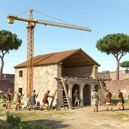 a group of romans building a house with an ancient crane, on the outskirts of rome, 2 0 bc.