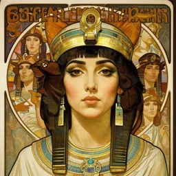 realistic detailed face portrait of sofia boutella as cleopatra by alphonse mucha, ayami kojima, amano, charlie bowater, karol bak, greg hildebrandt, jean delville, and mark brooks, art nouveau, neo - gothic, egyptian, rich deep moody colors