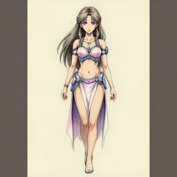 woman ; ashy brown hair ; violet eyes ; muted colors ; psychic ; ; wearing sci - fi belly dancer outfit that is pink white and blue ; drawn by hayao miyazaki and artgerm ; digital art ; high detail ; trending on artstation ; full body