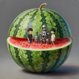 semi realistic gouache painting, by bana benedick, by ruan jia, by eng kilian, by denning guy online artists, detailed anime 3 d render of a giant magic watermelon, a magical watermelon, cgsociety, artstation, rococo mechanical, digital reality, sf 5 ink style,