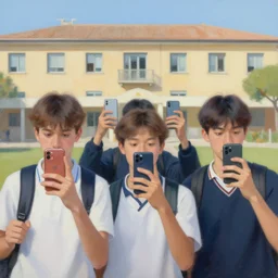 teenegers with phones as head stend in front of a school in genoa. painting