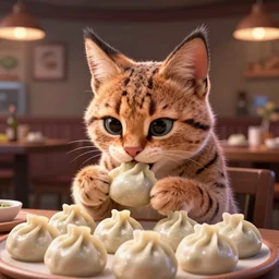 cute fluffy caracal eating pile heap of dumplings, restaurant in background, in the style of pixar, adorable and whimsical, fantasy, elegant, digital painting, artstation, unreal engine, octane render, concept art, matte, sharp focus, vibrant colors, high contrast, illustration, art by justin gerard