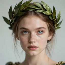 a portrait closeup 5 0 mm studio portrait photograph by mert alas of morgan le fay, a powerful and ambiguous enchantress of legend, gazing at the camera with an intelligent and thoughtful look, with a crown of laurels upon her brows.