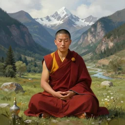 stunning digital painting of a Tibetan monk meditating in a valley, highly detailed digital art
