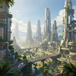 a wide shot of a hi-tech sci-fi solarpunk city, with a lot of skyscrapers, bridges, trees, plants, beautiful, stunning, serene, volumetric light, photography, color, intricate, extremely detailed, photorealistic, digital art, trending on artstation