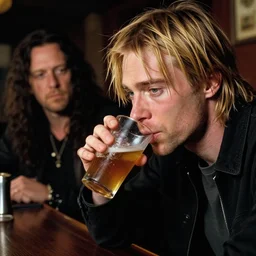 a close - up stunning fantasy scene of kurt cobain drinking at a bar with layne staley | highly detailed | very intricate