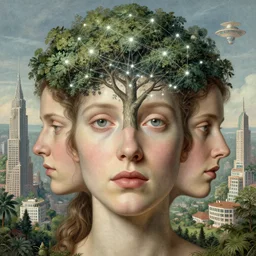 non binary future world, sustainable cities in a harmonious coexistence, plume is connecting to the web through the tree, super 8 portrait by maria sibylla merian, derek jarman, barbara hammer 4 k, 8 k, perfect faces, very detailed mouth and eyes
