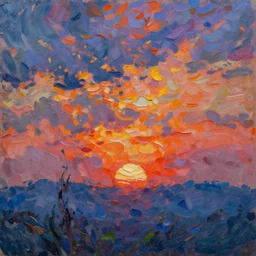 an impasto oil painting of a stunning, colorful sunset painted by claude monet