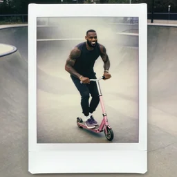 paparazzi photo of Lebron James on a pink scooter in a skatepark, ultra high definition, professional photography, dynamic shot, smiling, high angle view, portrait, Cinematic focus, Polaroid photo, vintage, neutral colors, soft lights, foggy, by Steve Hanks, by Serov Valentin, by lisa yuskavage, by Andrei Tarkovsky 8k render, detailed, oil on canvas