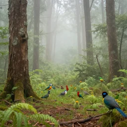 a misty forest landscape populated by brightly colored birds and animals