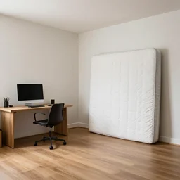 Beautiful Photograph of a bedroom with a computer on a table and a mattress standing against the wall, wideshot, longshot, fullshot