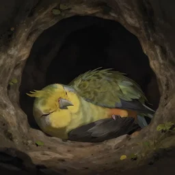 small monster bird rolled up for sleep in a dark cave ,