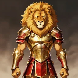 scarred experienced lion with red and gold roman armor and armor skirt, fursona, anthro, anime key visual, detailed armor, detailed fur, makoto shinkai, portrait
