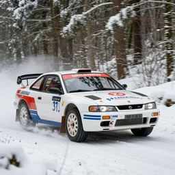 a 1 9 9 3 nissan 2 4 0 sx se, racing through a rally stage in a snowy forest