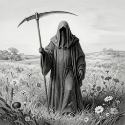 faceless grim reaper with veil over face holding scythe at distance in beautiful meadow of flowers, detailed pencil illustration by gustave dore, highly detailed, centered, high resolution, smooth, sharp focus, illustration, 8k