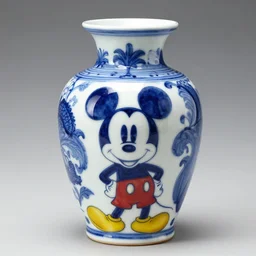 a delft blue vase with a happy mickey mouse depicted on it ; extremely detailed