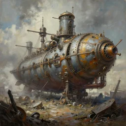 a brutalist painting of a large steampunk airship on the ground destroyed, by charlie bowater, 4 k