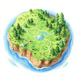 futuristic island map, drawn with crayons, detailed