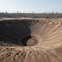 a large nuclear crater in the dirt, a destroyed forest is in the distance, there is smoking coming from the forest, taken from a plane, realistic, taken on a ww 2 camera.