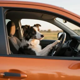 a dog driving a car, border collie dog driving an orange nissan note, paws on wheel, car moving fast, award winning photo, golden hour,