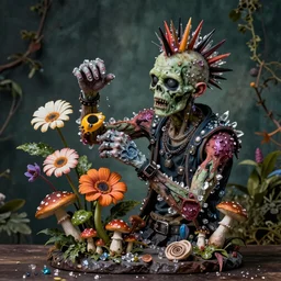 photorealistic portrait of a punk rock zombie turning into flowers fruit and mushrooms, covered in crystals and glitter, botanical background, vanitas, still life, atmospheric lighting, sculptural, multicolored, large graphic detail