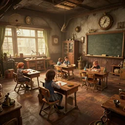 Interior of a Steampunk kindergarden classroom Greg Rutkowski, ArtStation, CGSociety, Unreal Engine