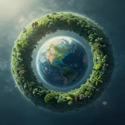 An epic cinematic film still of a lush planet in the shape of a ring.