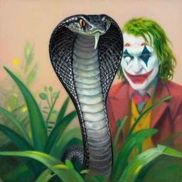 illustration of black mamba between plants with the face of the joker by shusei nagaoka kaws, david rudnick, airbrush on canvas, pastell colors, cell shaded