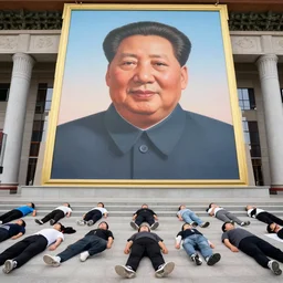 tangping lying flat protest movement in china in front of a giant portrait of xi jinping