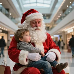 a drunk santa crying while having a chils on his lap, shopping mall
