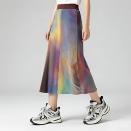 stylish futuristic design colorful amazing woman's outfit with long skirt and sneakers heavily detailed clear hq