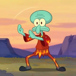 squidward ( anthropomorphic squid ) wearing fire nation clothing and practicing firebending outside at susnset, [ greg rutkowski ]