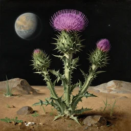 botanical illustration of an alien thistle in its native environment on an exasolar planet, by martin johnson heade.