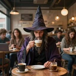 in the center foreground a wizard with a pointy hat sips his coffee by Ross Tran, people stare in the busy coffee shop, digital art by beeple and RHADS, ultra realistic, award winning, artstation, unreal render,